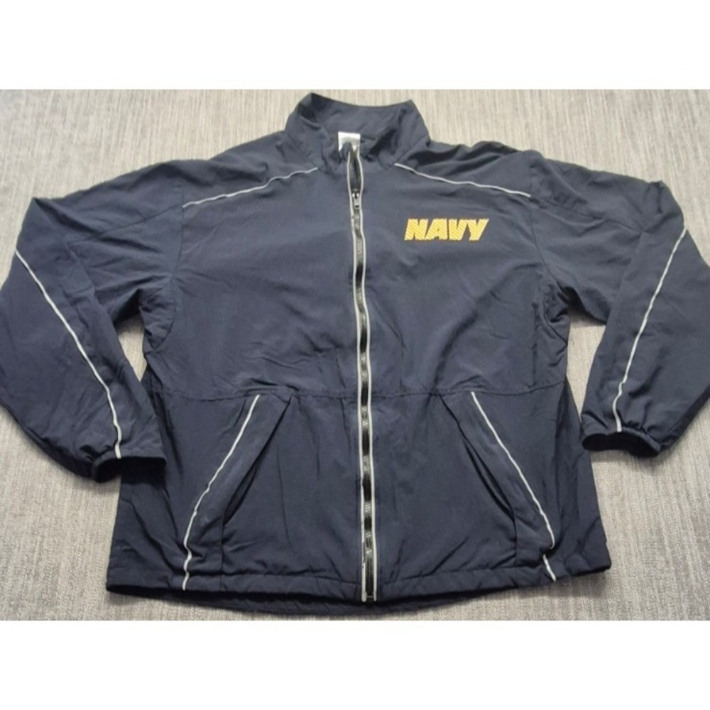 US Navy Running Jacket blue zip reflective windbreaker Med. USA water resistance